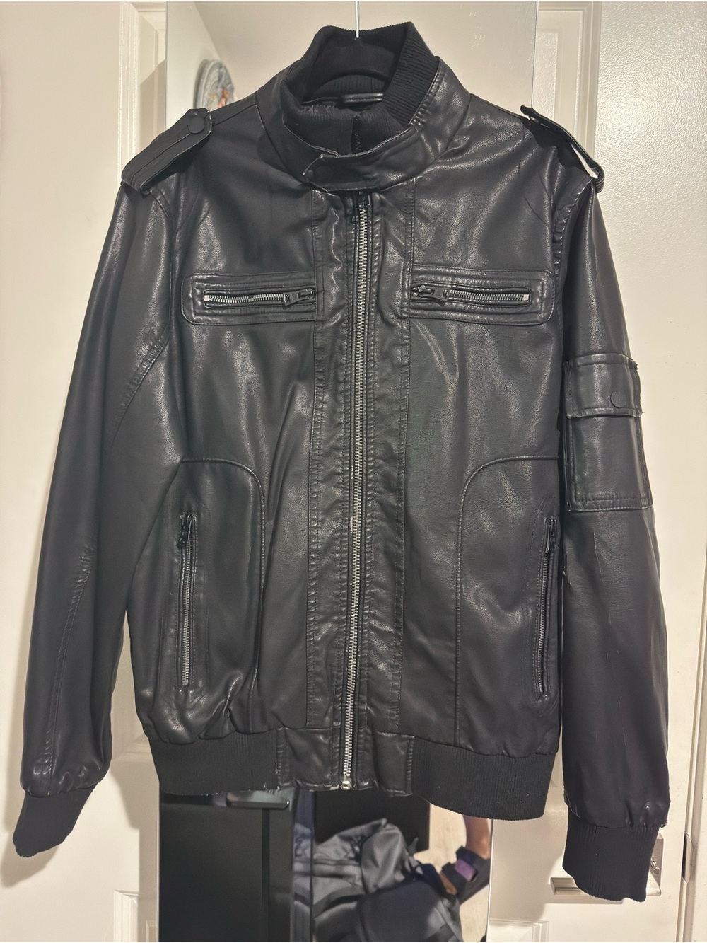 Men's Black Leather Bomber Jacket with Zip Details